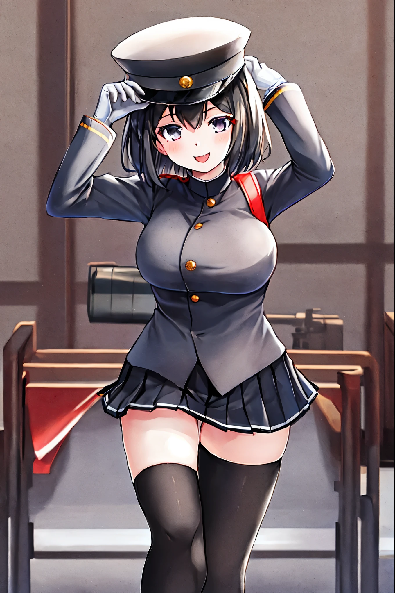 best quality, masterpiece, solo, {akitsu_maru_kantaicollection:1.15}, black_hair, short_hair, hat, peaked_cap, black_eyes, military, big_breasts, 1girl, black_headwear, looking_at_viewer,black_ military_uniform, uniform, military_hat, in_front_harbor_town_landscape_background, smile,(plump:0.7),,black_thigh-highs,joylight_open_mouth,white_skin