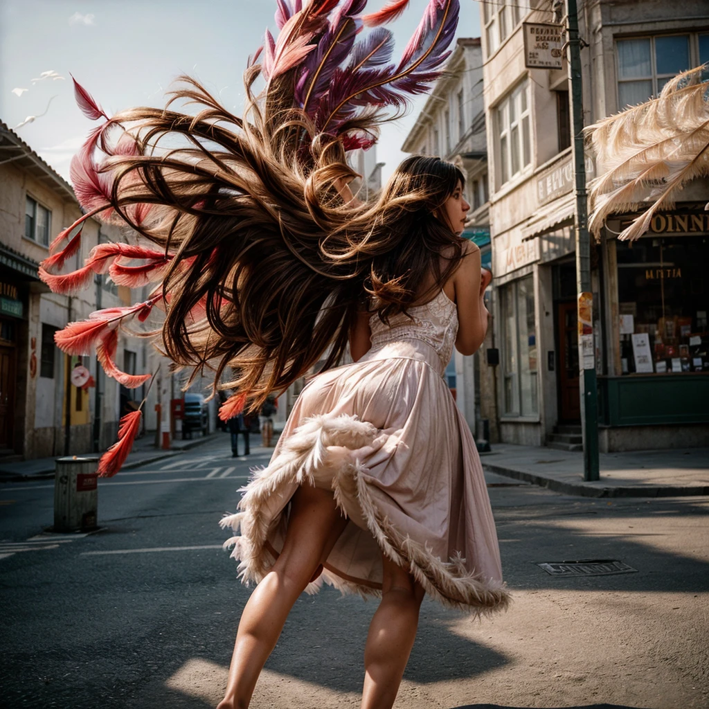 (full shot:1.3), (best quality:1.4), 1girl, uzbek, cute face, pink lace tanktop with long skirt, running in the market street, (floating feathers:1.4), wavy hair, bangs, (hair blowing in the wind:1.2), (dramatic moment:1.3), (dynamic object:1.3), film looks, RAW photo, beauty shadow, beautiful day, natural lighting, detailed skin, detailed face and eyes, ultra highly detailed, surreal view, sharp focus, shot by zenit analog film, cinematic portrait by annie leibovitz, photo realism