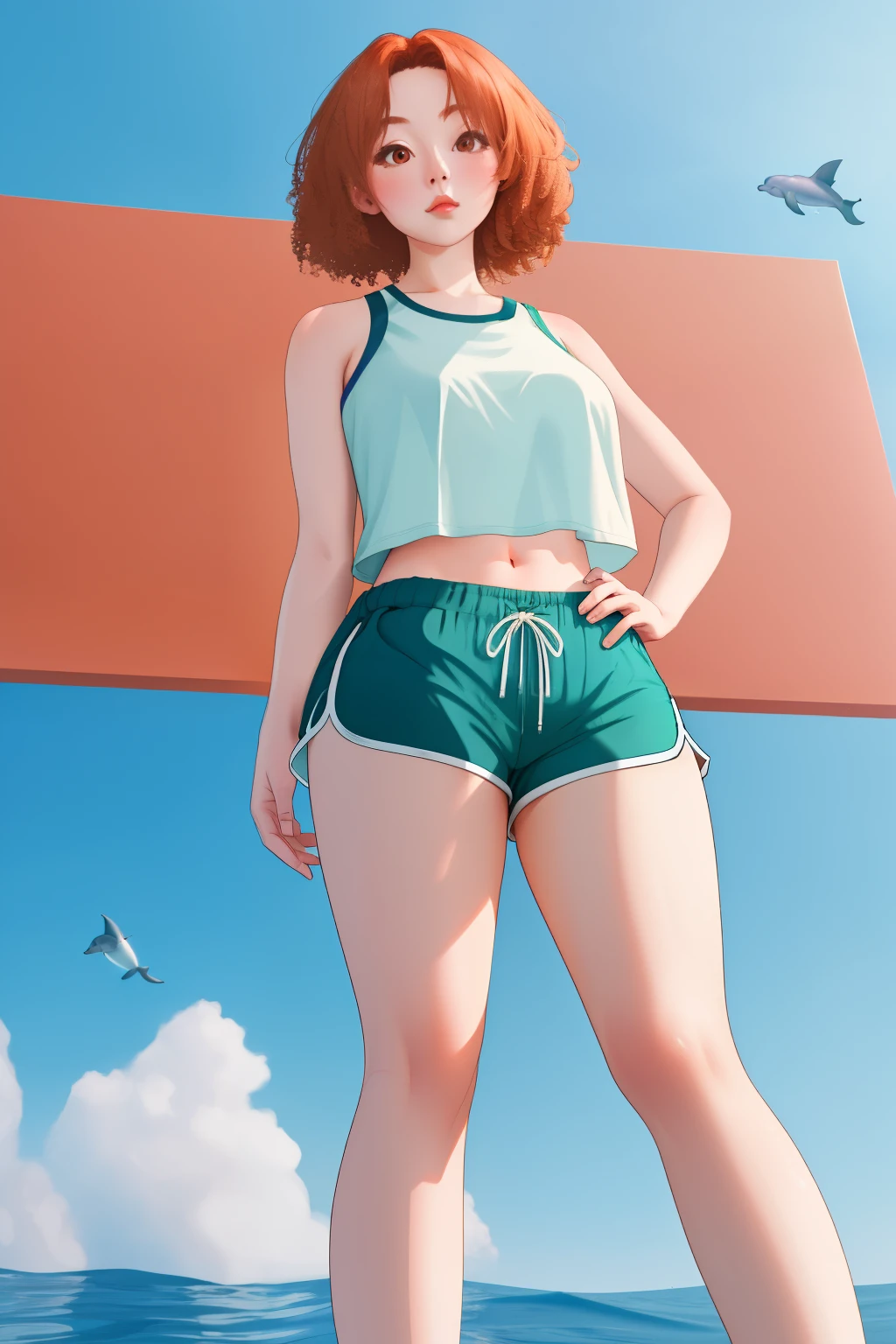 a one woman, russet hair, shaved hair, defined body, wide shot, uhd, high quality, best quality, 8k, highres, Dolphin shorts, view from below