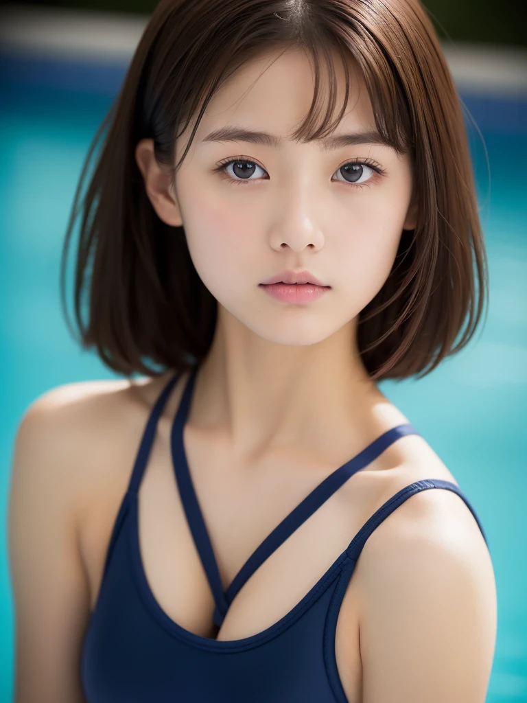Dreamy atmosphere, High Contrast, Ultra Sharp, Studio shot、Upper body portrait、Angle from below、(navy school swimsuit :1.2), (small breasts), Focus on the chest、Slim Body Enhancement、Realistic、Realistic、Highly detailed cute girl、alone、18-year-old、Japanese、Melancholic expression, Brown Hair、Medium long cut hair, Pool for background、Out of focus、Blur、
