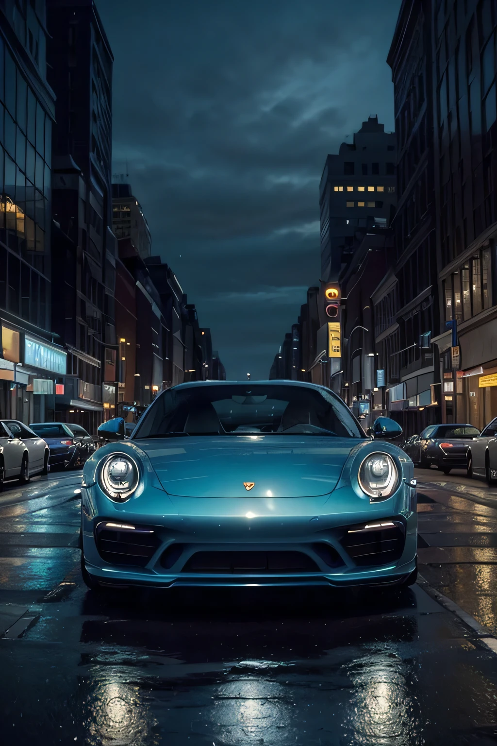A blue Porsche parked on a brightly lit street in New York, captured in a cinematic style, (((intricate details))), (((best quality))), (((extremely high detail))), (((complex composition))), with dramatic lighting and vibrant city colors. Artists: Roger Deakins, Gregory Crewdson, Ridley Scott.