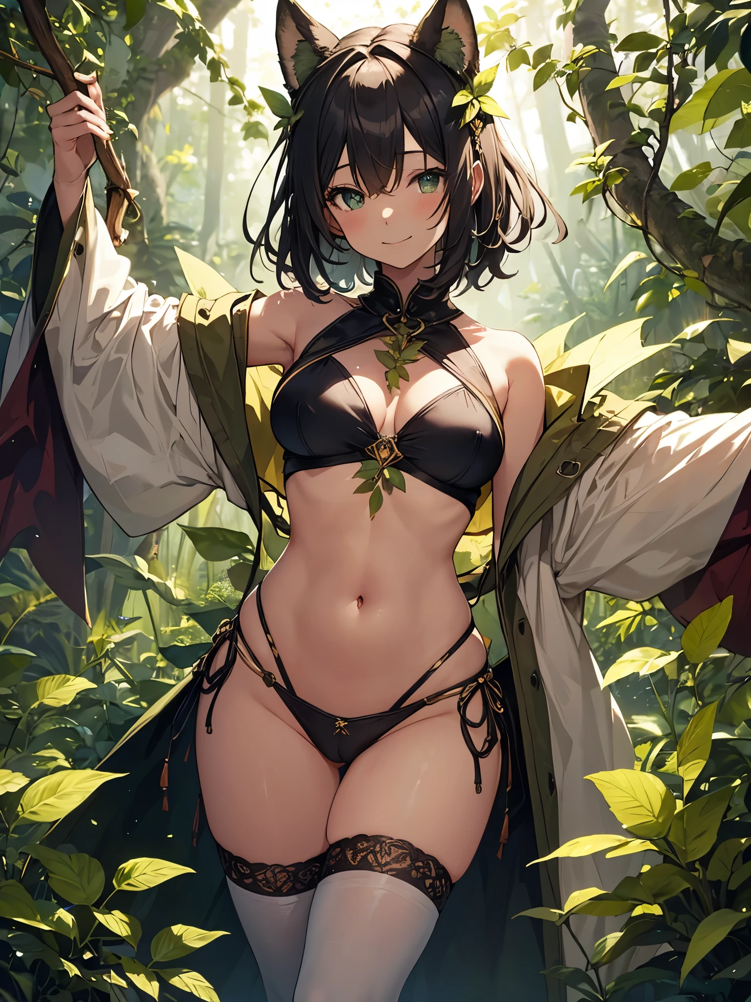 fantasy, 1forest_elemental_girl, (dark_skin)0.9, (using_leaves_clothes, green_leaves_covered_breasts, leaves_covered_pussy),large_breasts, walking, (smile, sleepy)+, medium_hair, navel, oil, (winding_vine_around_torso)++, forest_background, leaves_headgear, green_leaves_cape,armpits, spread_arms, large_staff, thighhighs, plump,