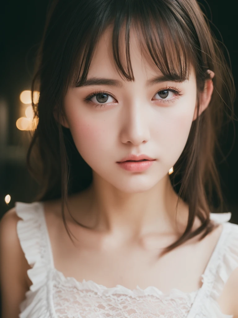 dreamy ambiance, ultrasharp, studio shoot、close up of face、(White Lace Ruffled tank top Dress:1.2), (big breasts with increased tension:1.3), Focus on the chest、Enhanced body、realisitic、Photo Real、extremely detailed cute girl、17 age、japaneelancholy look, large full breasts、A dark-haired、Hair braids、thick bangs、Night, neons, Digital SLR, Looking at Viewer, natural, Candid, Sophisticated, zora々Right, Professional Lighting, Film grain, chromatic abberation, (Bokeh:1.1)