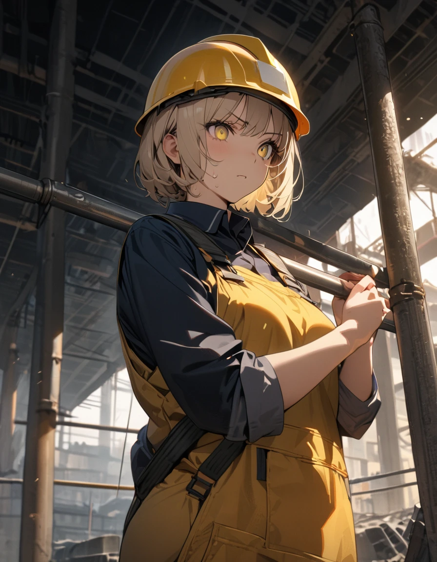 top of construction site made of Steel bars and concrete, masterpiece, top quality, highly detailed illustration, incredibly delicate and beautiful,8K,A Beautiful Asian woman dressed in work clothes is standing at the construction site,((She is carrying a Steel bars on her shoulder and supporting it with both hands)),ultra-detailed face,detailed eyes,gradient eyes,short hair,milktea beige hair,lash extension,The woman is wearing a yellow helmet,Focus on the woman,Sweat,Serious,rim light,Low Angle
