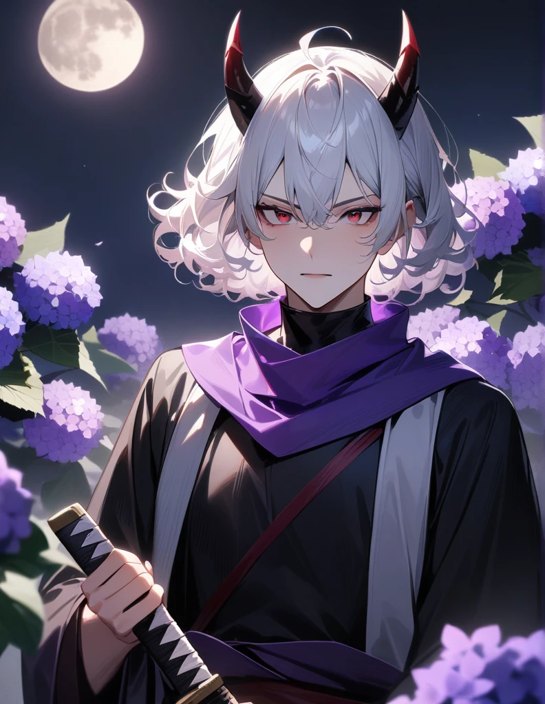 White hair, curly hair, short hair, three horns, black ninja outfit, holding a Japanese sword, full moon, male purple neck scarf, purple hydrangea, bloodshot red eyes 、masterpiece, accurate, Highest quality,