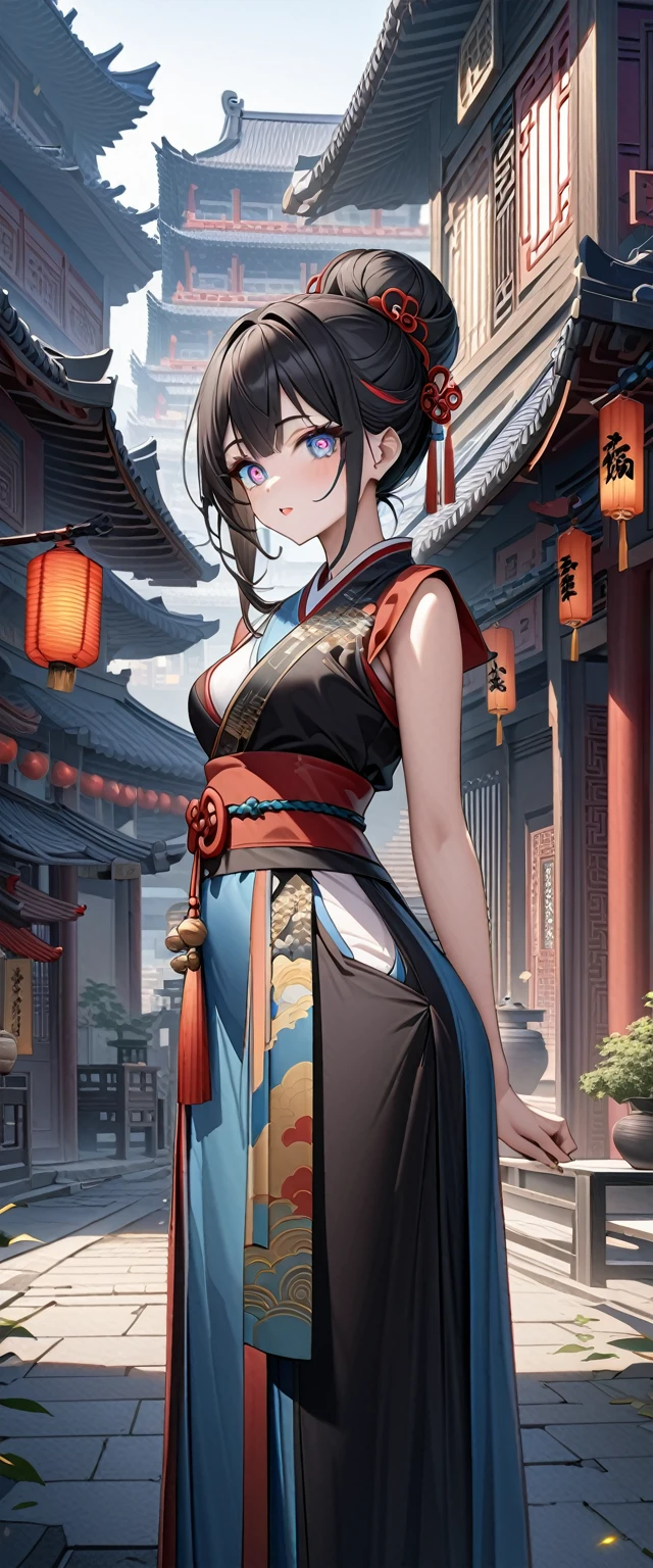 豊満な体の女god god様 god々Shii Big eyes Rainbow Eyes Her black hair is tied back in a bun Tactile Hair Manchu national costume Highest quality Super detailed detailed woman High quality 8k Detailed Background Ancient Chinese cityscape Standing in the city