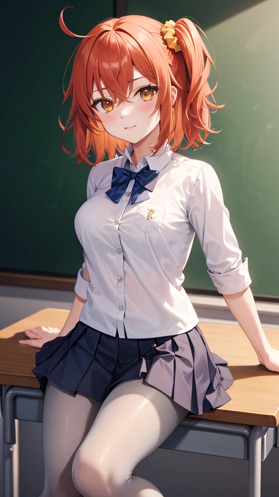 masterpiece, best quality, highres, aaritsuka, short hair, ahoge, hair scrunchie, orange scrunchie, white school shirt, pleated miniskirt, classroom, pantyhose, medium breasts