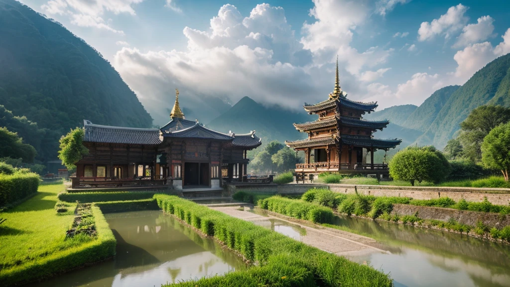 Natural beauty, Belgian ancient village. the stream. Cloud, Temple. mountain. at hồ, Mystical beauty, Aerial view, 8k
