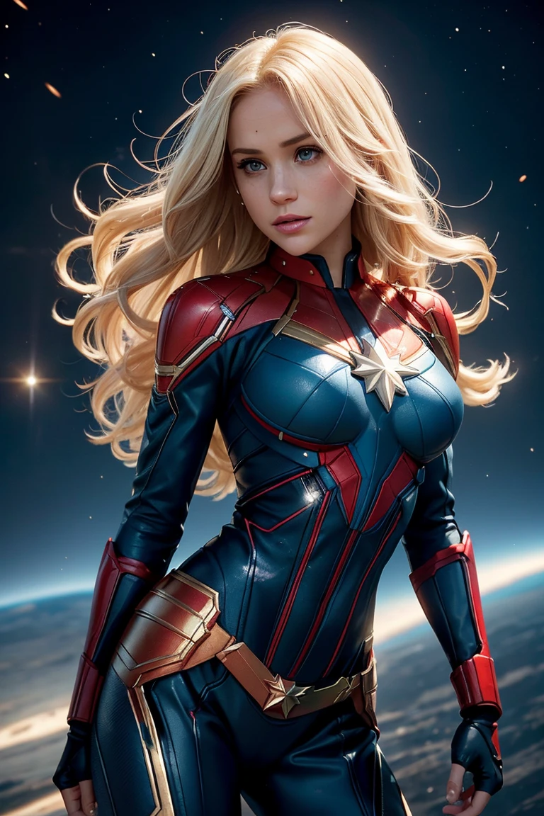 Meghan Markle, wearing Captain Marvel costume sexy clothes, her costume is transparent, (revealing her skin), professionally retouched, soft lighting, realistic, smooth face, perfect eyes, sharp focus on eyes, 8 k, high definition, insanely detailed, intricate, elegant. in a cosmic background, (((visible breasts))), she is removing her. Costume, visible nipples, visible vagina, blonde hair, blue eyes