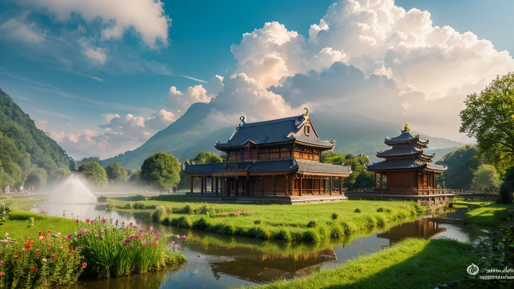 Natural beauty, Belgian ancient village.  the stream. Cloud, Temple.  mountain. at hồ, Mystical beauty, Aerial view, 8k