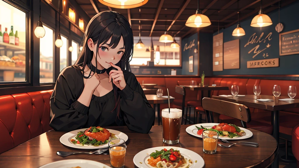 High level of image quality、A girl dining,Western Restaurant,close up,First Person