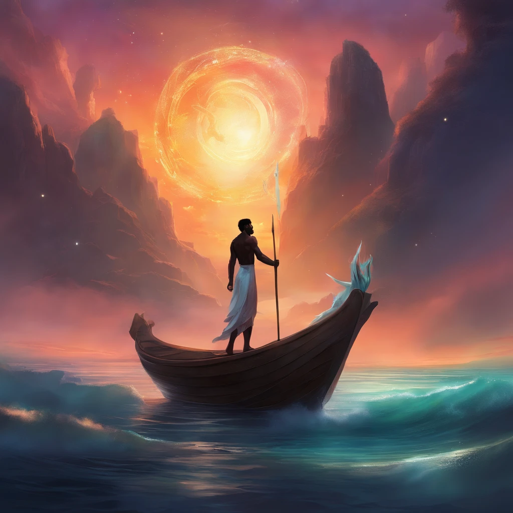 The most powerful being that ever existed he is black and beautiful he has long black arms and long black legs,ele está em frente ao sol amanhecer esté local tem árvores e mar