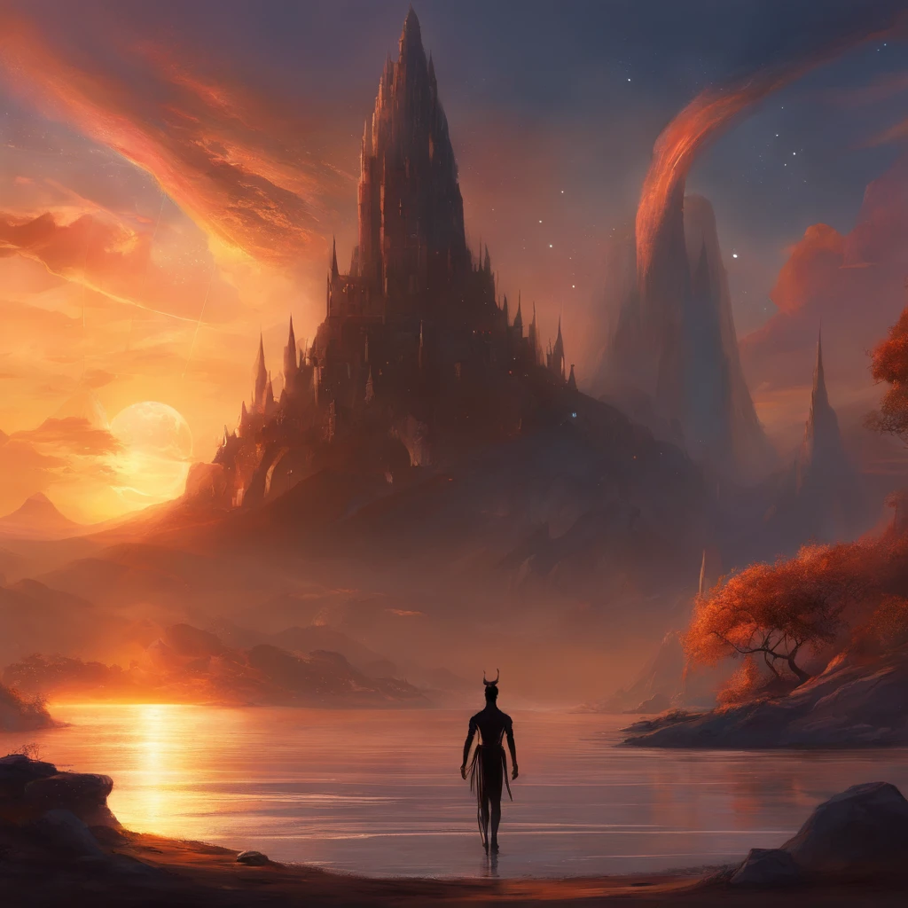 The most powerful being that ever existed he is black and beautiful he has long black arms and long black legs,ele está em frente ao sol amanhecer esté local tem árvores e mar