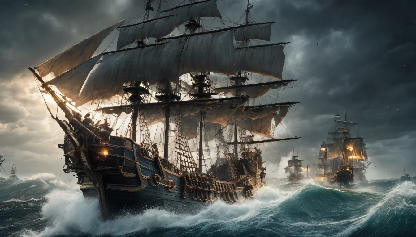 a pirate ship in the middle of a fierce battle at sea, cannons firing, pirate crew fighting with swords and pistols, dark cloudy sky, crashing waves, dramatic lighting, cinematic composition, highly detailed, photorealistic, 8k, (best quality, 4k, 8k, highres, masterpiece:1.2), ultra-detailed, (realistic, photorealistic, photo-realistic:1.37), dramatic lighting, cinematic composition, dynamic action, gritty and grungy, moody color palette, stormy seascape, intense battle scene, skilled pirates, weathered and worn ship, cannon fire and smoke, swords clashing, naval warfare, dangerous high seas