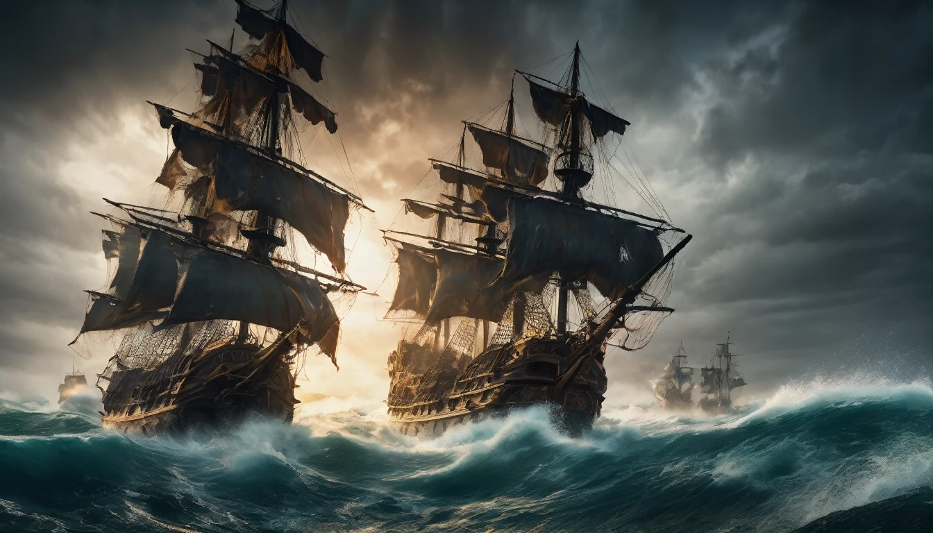 a pirate ship in the middle of a fierce battle at sea, cannons firing, pirate crew fighting with swords and pistols, dark cloudy sky, crashing waves, dramatic lighting, cinematic composition, highly detailed, photorealistic, 8k, (best quality, 4k, 8k, highres, masterpiece:1.2), ultra-detailed, (realistic, photorealistic, photo-realistic:1.37), dramatic lighting, cinematic composition, dynamic action, gritty and grungy, moody color palette, stormy seascape, intense battle scene, skilled pirates, weathered and worn ship, cannon fire and smoke, swords clashing, naval warfare, dangerous high seas