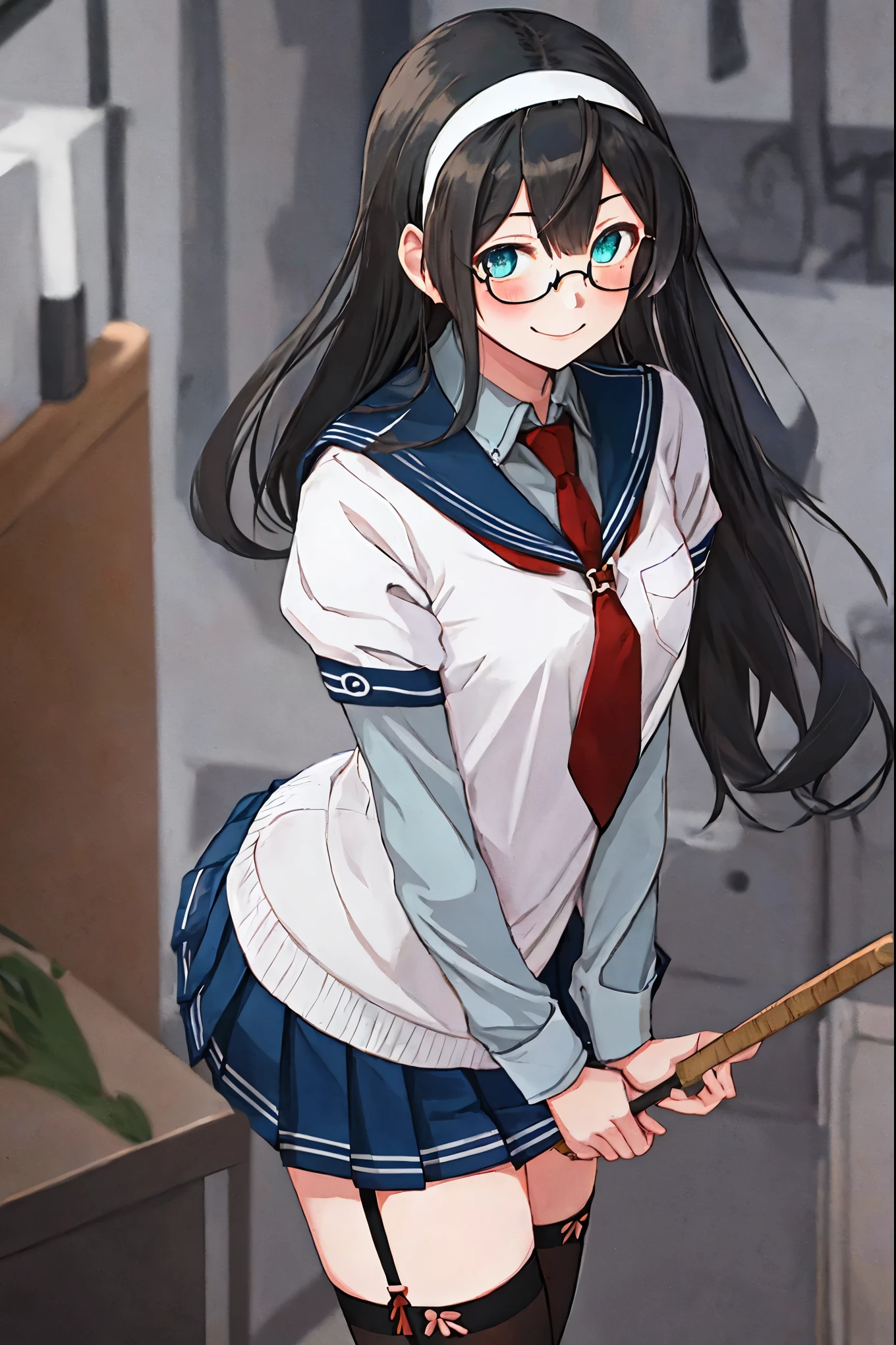 best quality, masterpiece, highres, solo, {ooyodo_kantaicollection:1.15}, black_hair, long_hair, glasses, hairband, semi-rimless_eyewear, under-rim_eyewear, blue_eyes, green_eyes, blush,small_breasts, 1girl, school_uniform, serafuku, pleats_skirt, looking_at_viewer, necktie, harbor_town_background, red_necktie,(angry:0.7),smile,,thigh-highs,solo
