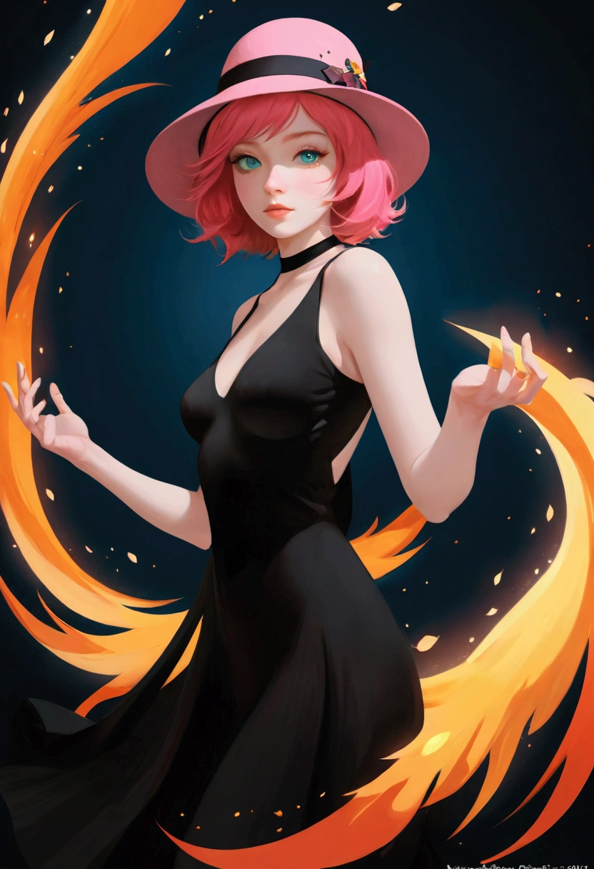 ((masterpiece,best quality)),(Negative Space:1.4),(1 Girl, Solitary:1.4),Beautiful and delicate eyes,Flowing pink hair, Red Hat, Fireball, Cast fire magic, Orange and red fractal background, looking off to the side, Blue-green eyes, whole body, jump