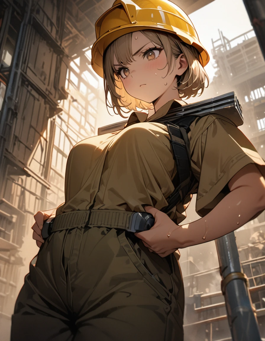 ((topless)), nsfw, masterpiece, 1 girl, erect nipples, intricately detailed, navel, bare shoulders, brown hair, hard hat, construction site, towel on neck, wiping sweat, baggy pants, cargo pants, extremely detailed, bare breasts, puffy nipples, green eyes, bare stomach, sweaty, medium breasts, arm strap, cowboy shot, holding sledgehammer, , chain, soft eyes, smiling, day, belt, rubble