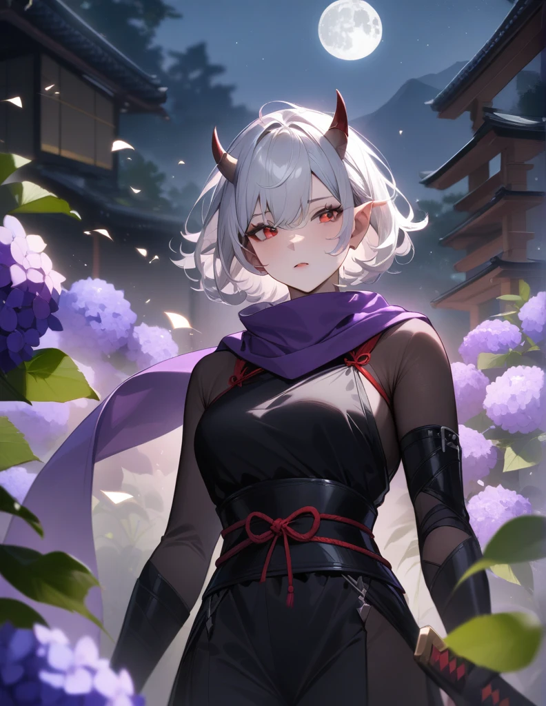 White hair, curly hair, short hair, three horns, black ninja outfit, holding a Japanese sword, full moon, purple scarf fluttering in the male wind, purple hydrangea, red eyes 、masterpiece, accurate, Highest quality,