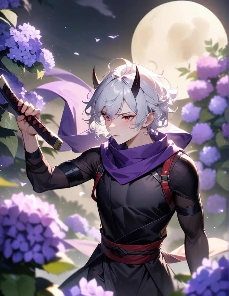 White hair, curly hair, short hair, three horns, black ninja outfit, holding a Japanese sword, full moon, purple scarf fluttering in the male wind, purple hydrangea, red eyes 、masterpiece, accurate, Highest quality, 