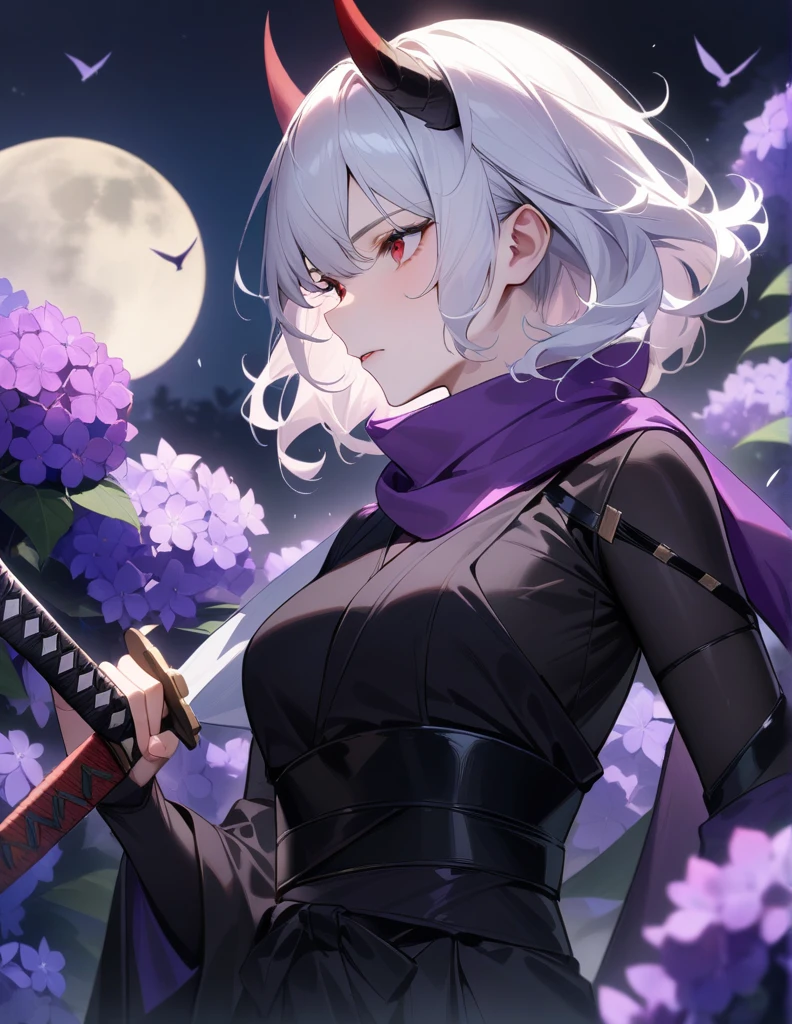 White hair, curly hair, short hair, three horns, black ninja outfit, holding a Japanese sword, full moon, purple scarf fluttering in the male wind, purple hydrangea, red eyes 、masterpiece, accurate, Highest quality,