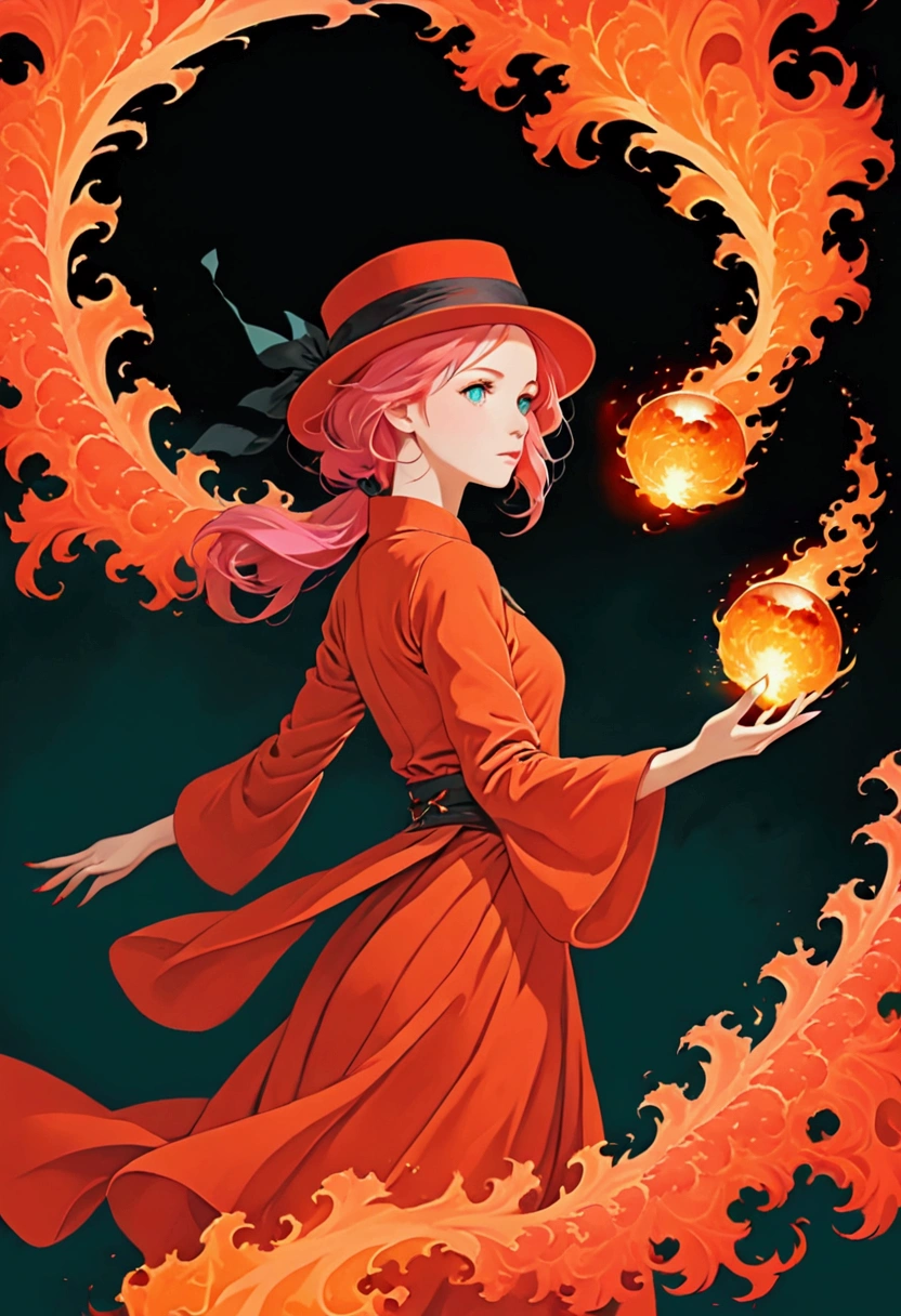 ((masterpiece,best quality)),(Negative Space:1.4),(1 Girl, Solitary:1.4),Beautiful and delicate eyes,Flowing pink hair, Red Hat, Fireball, Cast fire magic, Orange and red fractal background, looking off to the side, Blue-green eyes, whole body, jump
