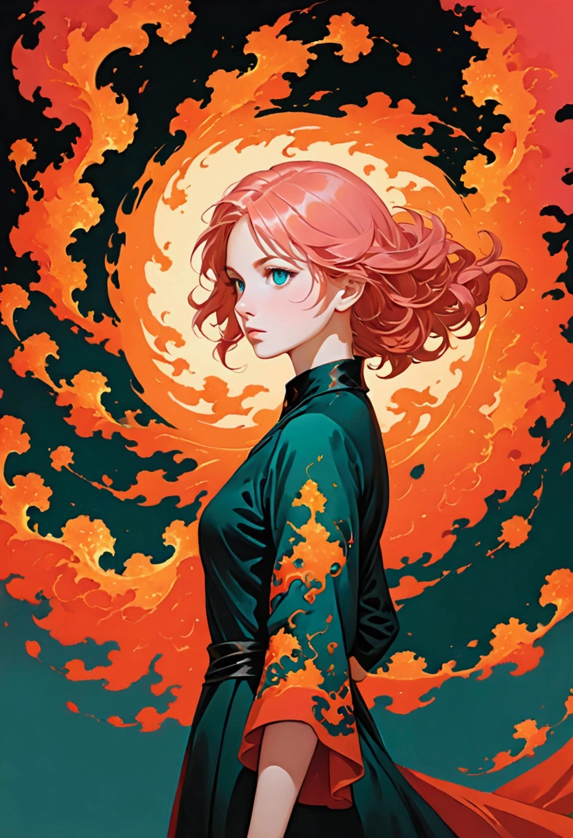 ((masterpiece,best quality)),(Negative Space:1.4),(1 Girl, Solitary:1.4),Beautiful and delicate eyes,Flowing pink hair, Red Hat, Fireball, Cast fire magic, Orange and red fractal background, looking off to the side, Blue-green eyes, whole body, jump