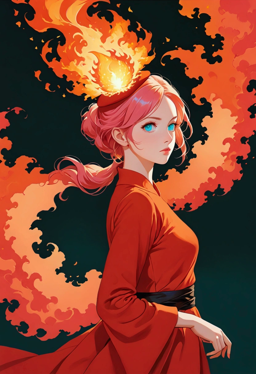 ((masterpiece,best quality)),(Negative Space:1.4),(1 Girl, Solitary:1.4),Beautiful and delicate eyes,Flowing pink hair, Red Hat, Fireball, Cast fire magic, Orange and red fractal background, looking off to the side, Blue-green eyes, whole body, jump