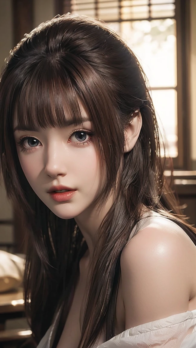 8k, masterpiece, RAW photo, best quality, photorealistic, extremely detailed CG unity 8k wallpaper, Depth of field, Cinematic Light, Lens Flare, Ray tracing, (extremely beautiful face, beautiful lips, beautiful eyes), intricate detail face, ((ultra detailed skin)), best quality, Masterpieces, Super high resolution, (photograph realistic:1.5), Original image, luxury long dress, 1girl, offshoulder, In the dark, deepshadow, low tune, Cold light, y look, long whitr hair,Cafe,pretty,lim light,swirling hair, medium shot, big bre