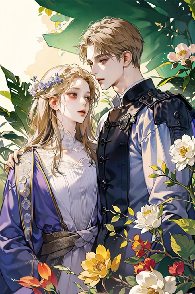 A male,Light hair,nice,Soft lighting,Ink,Low saturation,Low contrast,flower,薔薇のflower束,Domineering and charming,Gorgeous,dignity,