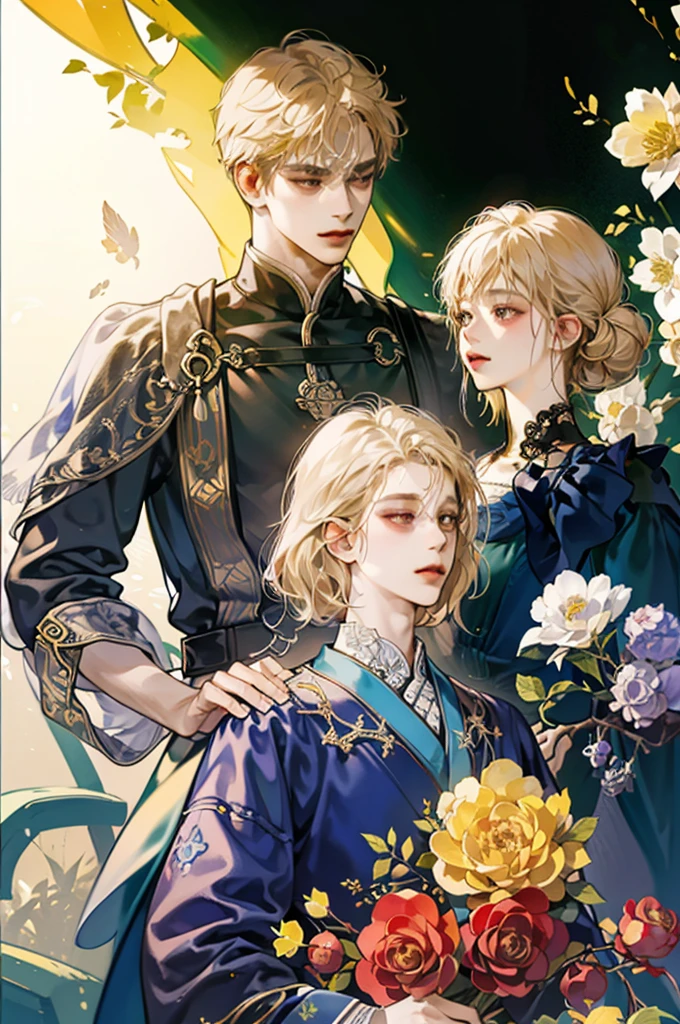 A male,Light hair,nice,Soft lighting,Ink,Low saturation,Low contrast,flower,薔薇のflower束,Domineering and charming,Gorgeous,dignity,