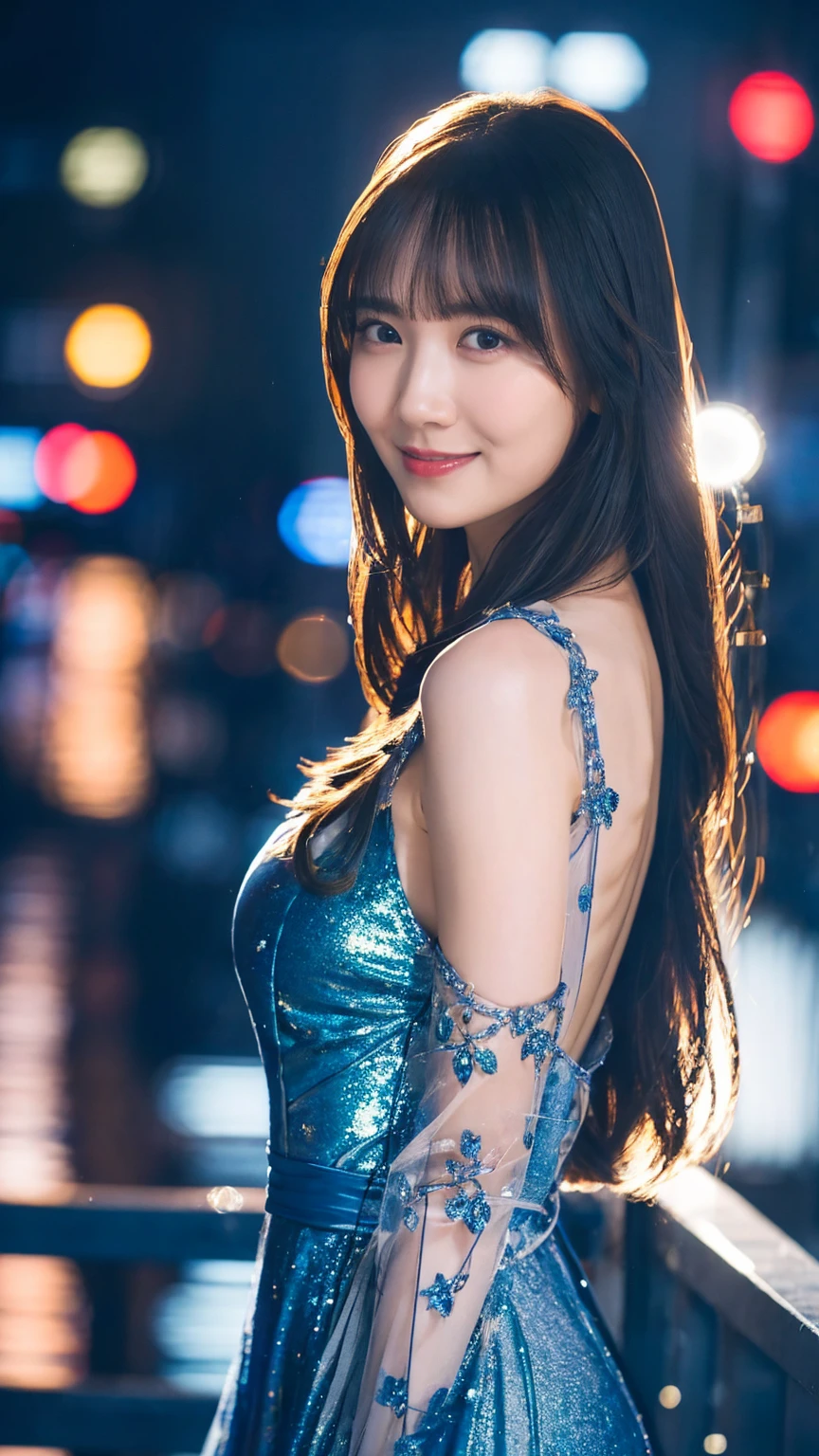 1girl,(wearing a blue glittery evening dress:1.2),(RAW photo, best quality), (realistic, photo-realistic:1.4), masterpiece, an extremely delicate and beautiful, extremely detailed, 2k wallpaper, Amazing, finely detail, extremely detailed CG unity 8k wallpaper, ultra-detailed, highres, soft light, beautiful detailed girl, extremely detailed eyes and face, beautiful detailed nose, beautiful detailed eyes,cinematic lighting,city lights at night,perfect anatomy,slender body,light smile,close up,(long hair with bangs), tight breast.