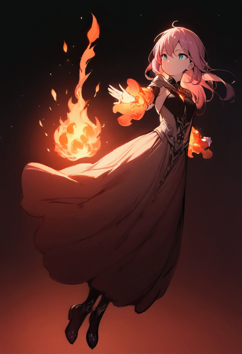 ((masterpiece,best quality)),(Negative Space:1.4),(1 Girl, Solitary:1.4),Beautiful and delicate eyes,Flowing pink hair, Red Hat, Fireball, Cast fire magic, Orange and red fractal background, looking off to the side, Blue-green eyes, whole body, jump