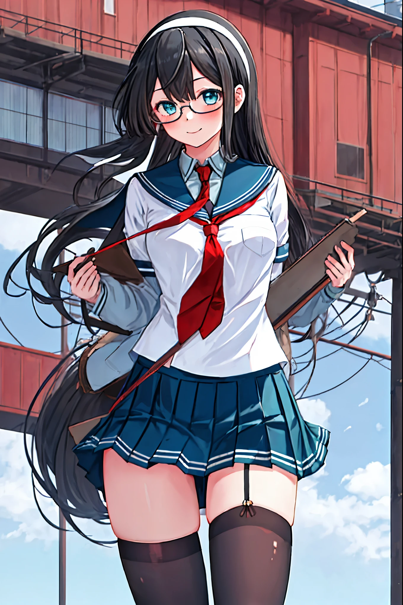 best quality, masterpiece, highres, solo, {ooyodo_kantaicollection:1.15}, black_hair, long_hair, glasses, hairband, semi-rimless_eyewear, under-rim_eyewear, blue_eyes, green_eyes, blush,small_breasts, 1girl, school_uniform, serafuku, pleats_skirt, looking_at_viewer, necktie, harbor_town_background, red_necktie,(angry:0.7),smile,,thigh-highs,solo
