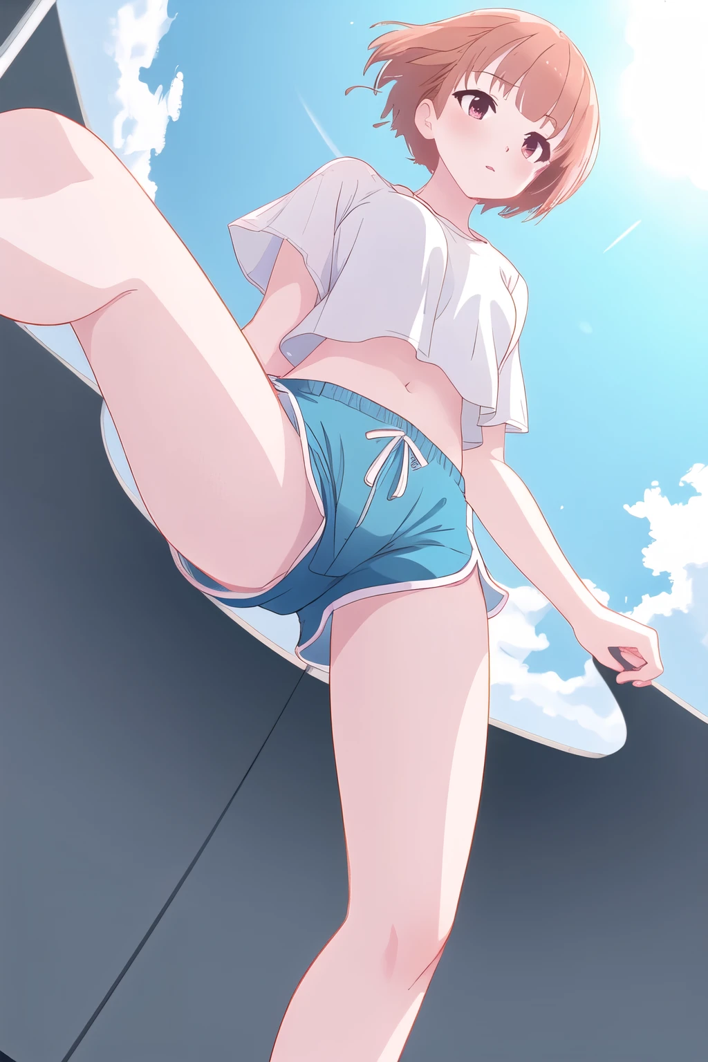 a one woman, russet hair, shaved hair, defined body, wide shot, uhd, high quality, best quality, 8k, highres, Dolphin shorts, view from below, アニメ