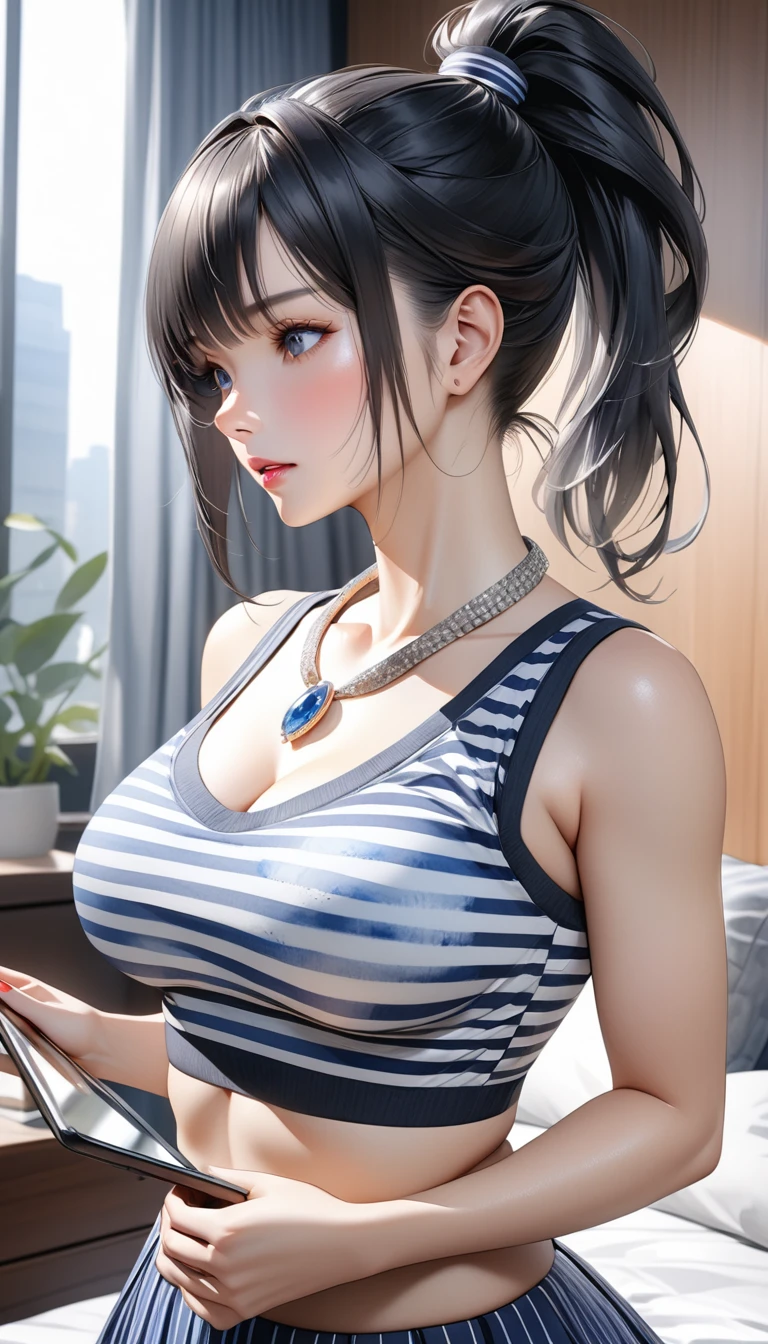 (blue striped skirt),mature women, grace,The background is the bedroom, High-tech feel,black hair,high ponytail,Hair tied with a bow,Wearing a platinum necklace around her neck, 1 girl, ultra high definition, extreme speed, masterpiece, accurate, anatomically correct, textured skin, super detailed, high detail, high quality, best quality, high resolution, 4K,watercolor painting