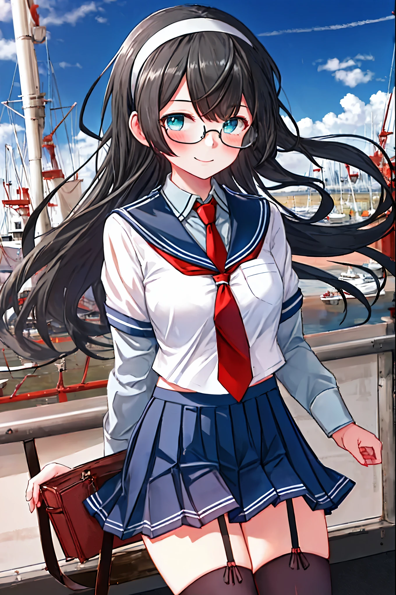 best quality, masterpiece, highres, solo, {ooyodo_kantaicollection:1.15}, black_hair, long_hair, glasses, hairband, semi-rimless_eyewear, under-rim_eyewear, blue_eyes, green_eyes, blush,small_breasts, 1girl, school_uniform, serafuku, pleats_skirt, looking_at_viewer, necktie, harbor_town_background, red_necktie,(angry:0.7),smile,,thigh-highs,solo