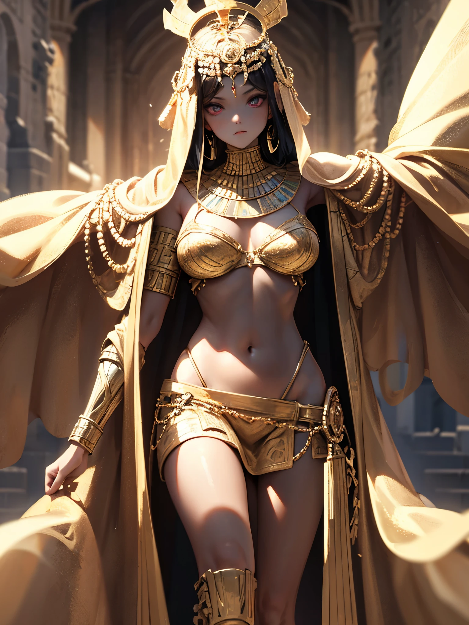 a sensual egyptian princess, extremely detailed face and features, large breasts, wide hips, bare feet, daughter of osiris, interior pharaoh tutankhamun's tomb, cinematic lighting, chiaroscuro, dramatic shadows, ornate gold jewelry, flowing sheer fabric robes, intricate hieroglyphic wall carvings, dramatic moody lighting, rich color palette, photorealistic, 8k, best quality