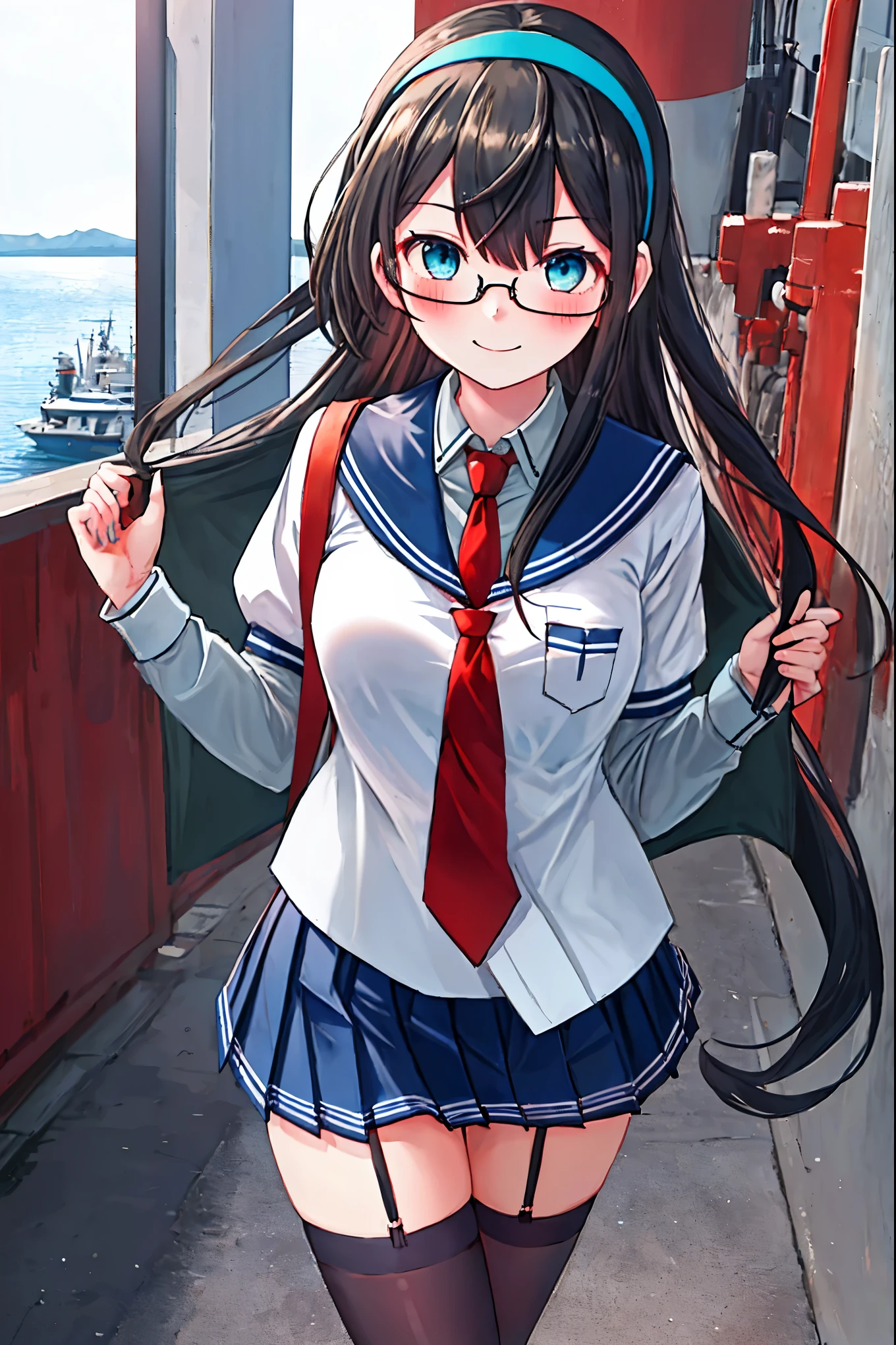 best quality, masterpiece, highres, solo, {ooyodo_kantaicollection:1.15}, black_hair, long_hair, glasses, hairband, semi-rimless_eyewear, under-rim_eyewear, blue_eyes, green_eyes, blush,small_breasts, 1girl, school_uniform, serafuku, pleats_skirt, looking_at_viewer, necktie, harbor_town_background, red_necktie,(angry:0.7),smile,,thigh-highs,solo
