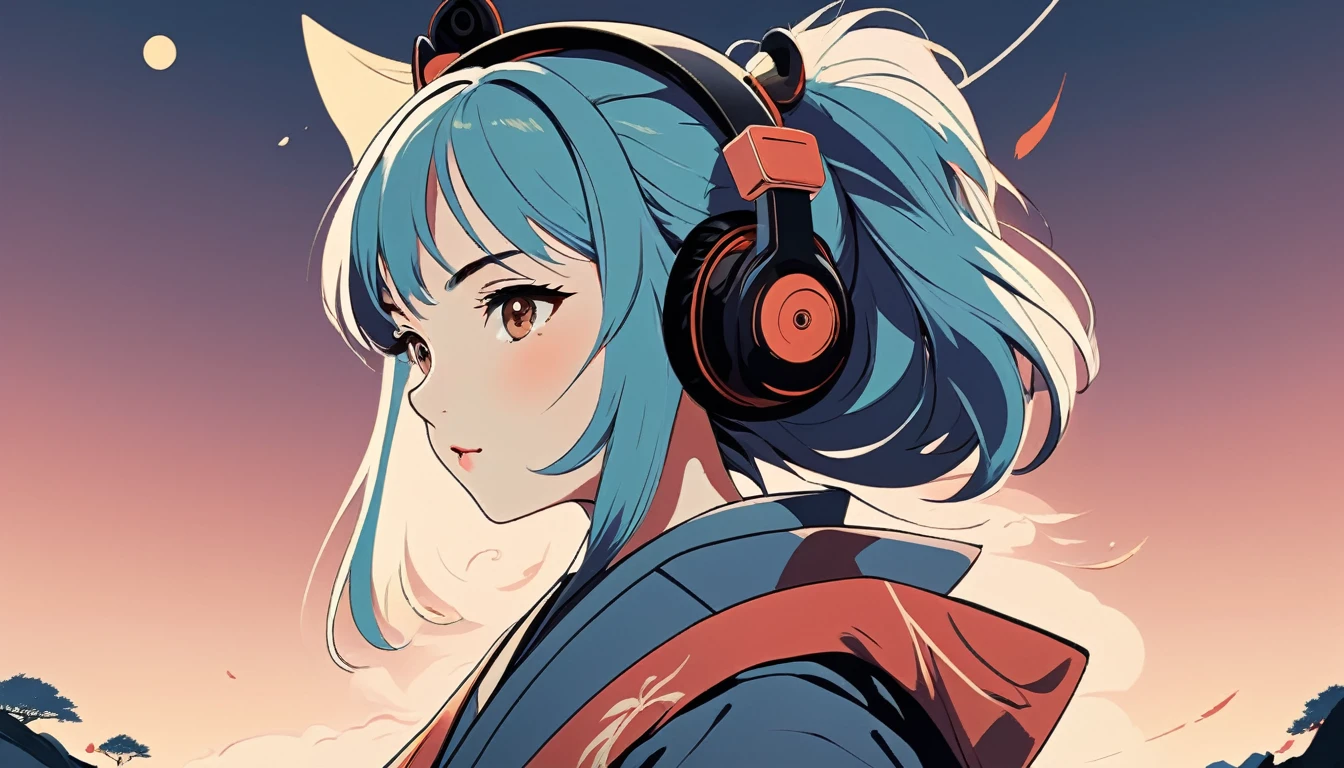 Female samurai wearing headphones, Wide-angle lens, Lofi Anime, Lofi illustration, Aesthetic atmosphere, Lo-Fi Style, Vector art, Flat Design, Simple shape, Warm tones, Pleasant atmosphere, Chill, In anime style, Digital drawing, Vector art, Vector logo for t-shirt printing, (Adorable:1.5), (small:1.4), (Playful:1.2), (soft:1.3), (Whimsical:1.1), masterpiece, Highest quality, 8k, Intricate details, grow, Celestial, Mysterious, Picturesque, amazing, Majestic, Magic, Fantasy art, Cover art, dream-like