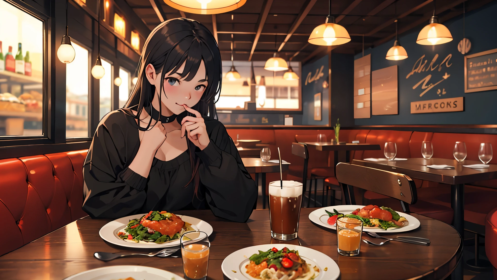 (highres)A beautiful anime girl sitting in a restaurant, (vibrant colors), (soft lighting), (anime style), (lively atmosphere), (steaming food), (artistic interior), (sakura tree), (unique decor), (delicate facial features), (big sparkling eyes), (flowing hair), (charming smile), (stylish outfit), (casual posture), (menu on the table), (crowded with people), (expressive eyes), (elegant hand gestures), (aromas filling the air), (beautifully plated dishes), (colorful drinks), (reflection on the window), (detailed table setting), (enthusiastic chef), (happy conversations), (background chatter), (exquisite tableware), (lively background music), (comfortable seating), (mouthwatering desserts), (cosy ambiance), (interactions with friends), (natural sunlight streaming in), (mouthwatering aromas), (playful expression), (passionate conversations), (dining out in style), (mouthwatering delicacies), (pleasant staff), (themed decorations), (enjoying the moment).