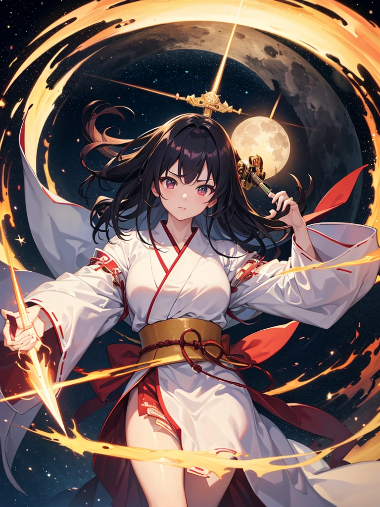 (8k、Ultra-high resolution、Highest quality、masterpiece、Ultra-high resolution),A woman dressed as a shrine maiden holding a Japanese sword glaring at the viewer,Black haired Japanese,,Full moon and starry sky
