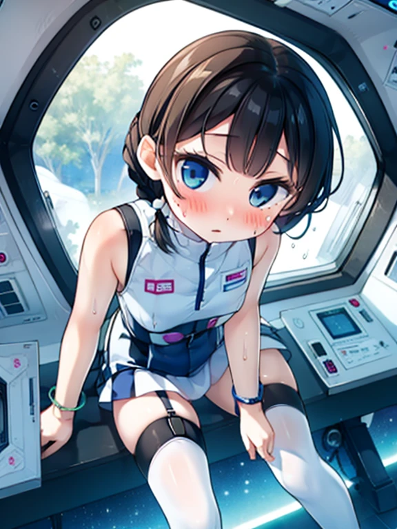 (Highest quality), (masterpiece), 1080P, High resolution, 4K, 8k, Inside the space station、Futuristic room、Thigh straps, Shooting from directly below, The woman on top of me, Nipples, 白いSweat, Covered , Sweat, Woman looking down, Skirt swimsuit, Thigh-high socks, To achieve this, , , whole body, Black leather shoes, Braided hair, Inner Color, Embarrassed face, Short black hair, bracelet, Bedroom,celestial body_Vest
