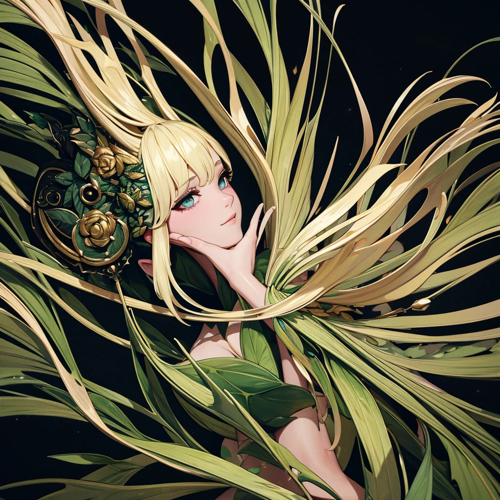 Fairy surrounded by foliage on a black background, work of art, offcial art, 4K, best qualityer, highy detailed, uncanny, tenebrosa, sophisticated, luxurious