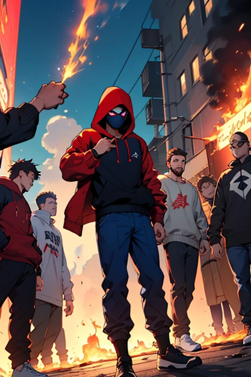 ((best quality)), ((masterpiece)), (detailed), 5boys, off-shoulder sweater, 5 boys in red hoodie and spider man mask with navy blue pants, glitchy background, burning building in background, all 5 boys have joined there hand and bowed down, best quality, anime.