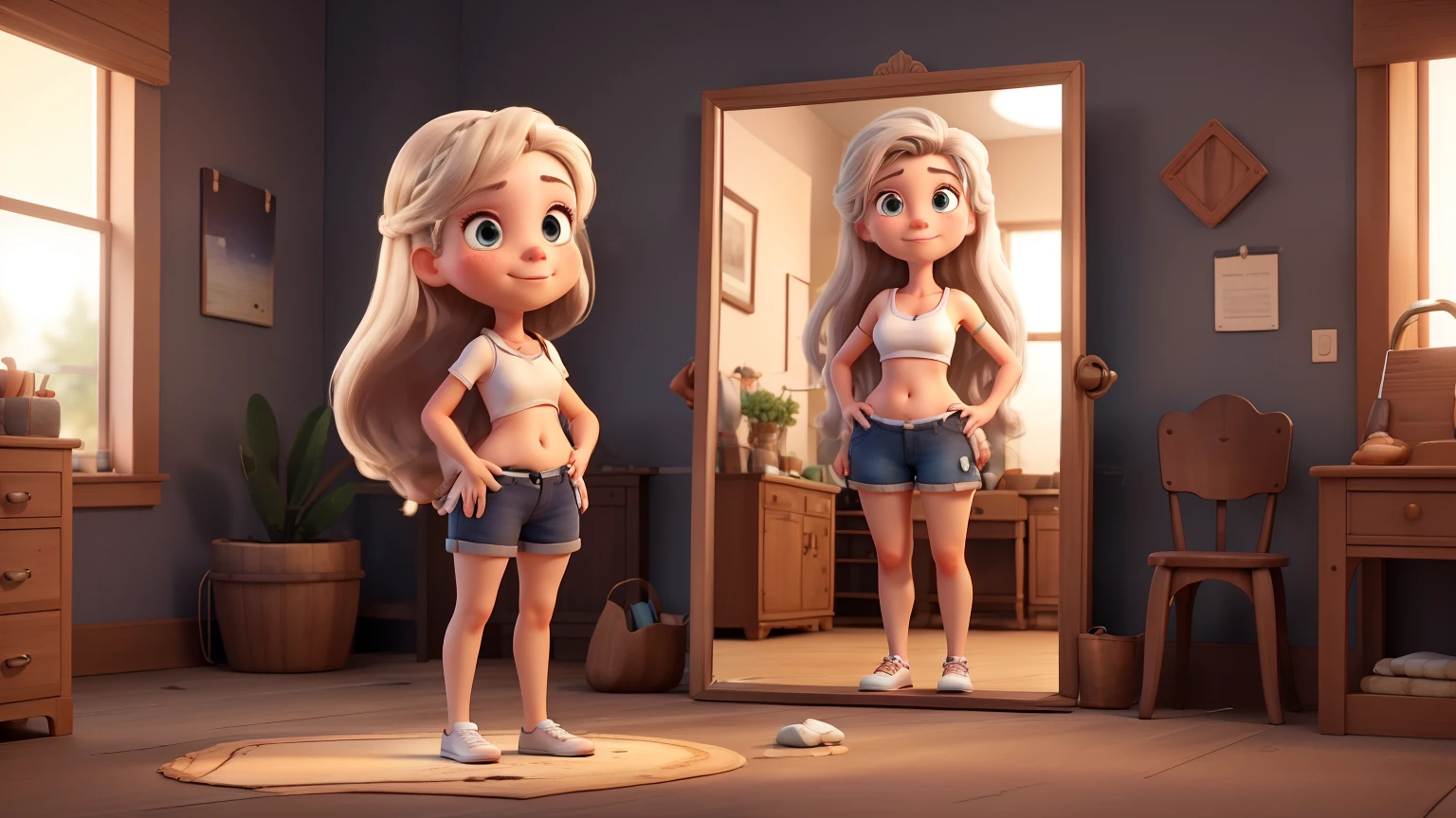 cartoon imagem
Imagine a beautiful 25-year-old girl with long hair and white skin.
She is standing in front of a mirror looking at a scar on her belly.