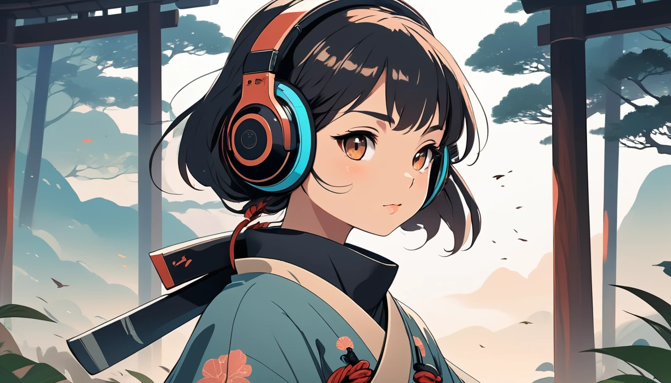 Female samurai wearing headphones, Wide-angle lens, Lofi Anime, Lofi illustration, Aesthetic atmosphere, Lo-Fi Style, Vector art, Flat Design, Simple shape, Warm tones, Pleasant atmosphere, Chill, In anime style, Digital drawing, Vector art, Vector logo for t-shirt printing, (Adorable:1.5), (small:1.4), (Playful:1.2), (soft:1.3), (Whimsical:1.1), masterpiece, Highest quality, 8k, Intricate details, grow, Celestial, Mysterious, Picturesque, amazing, Majestic, Magic, Fantasy art, Cover art, dream-like