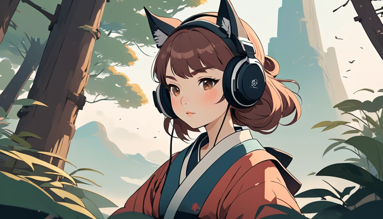 Female samurai wearing headphones, Wide-angle lens, Lofi Anime, Lofi illustration, Aesthetic atmosphere, Lo-Fi Style, Vector art, Flat Design, Simple shape, Warm tones, Pleasant atmosphere, Chill, In anime style, Digital drawing, Vector art, Vector logo for t-shirt printing, (Adorable:1.5), (small:1.4), (Playful:1.2), (soft:1.3), (Whimsical:1.1), masterpiece, Highest quality, 8k, Intricate details, grow, Celestial, Mysterious, Picturesque, amazing, Majestic, Magic, Fantasy art, Cover art, dream-like