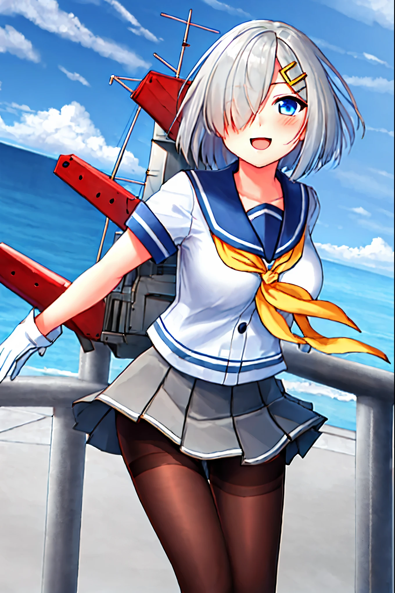 best quality, masterpiece, highres, solo, {hamakaze_kantaicollection:0.90}, 1girl, black_pantyhose, pleated_skirt, serafuku, short_sleeves, simple_background, white_background, yellow_neckerchief, white_gloves, looking_at_viewer, grey_skirt, blush, eyes_visible_through_hair, blue_sailor_collar, dynamic_posing,long_bangs,hair_over_one_eye,harbor_school_landscape_background,outdoor,smile,