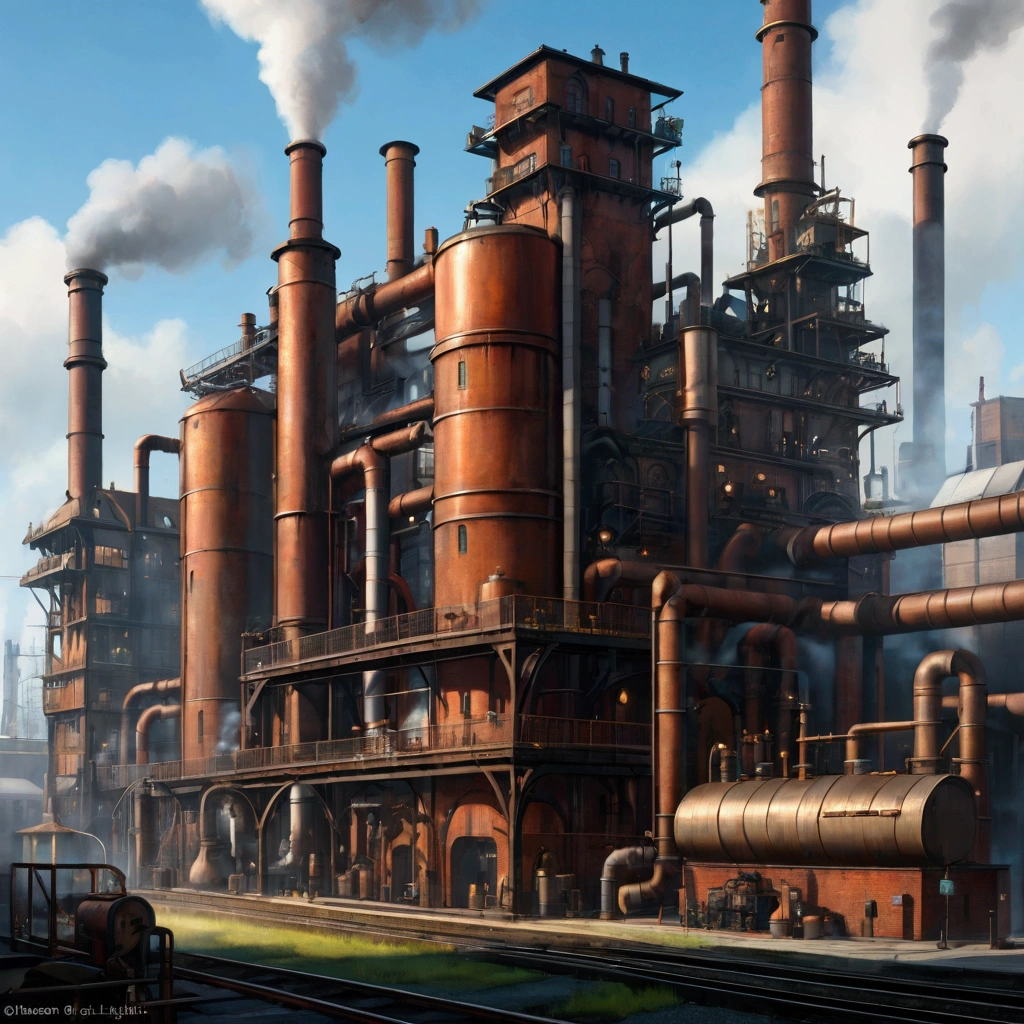 Industrial city, Surround with a wall, Steampunk, Rusty and heavy, smokes, chimney, factory, gear, mechanical, High buildings, tower, Steam powered, Steam piping, Street Lights, (Movie Lighting:0.8, Super Detail, bloom)